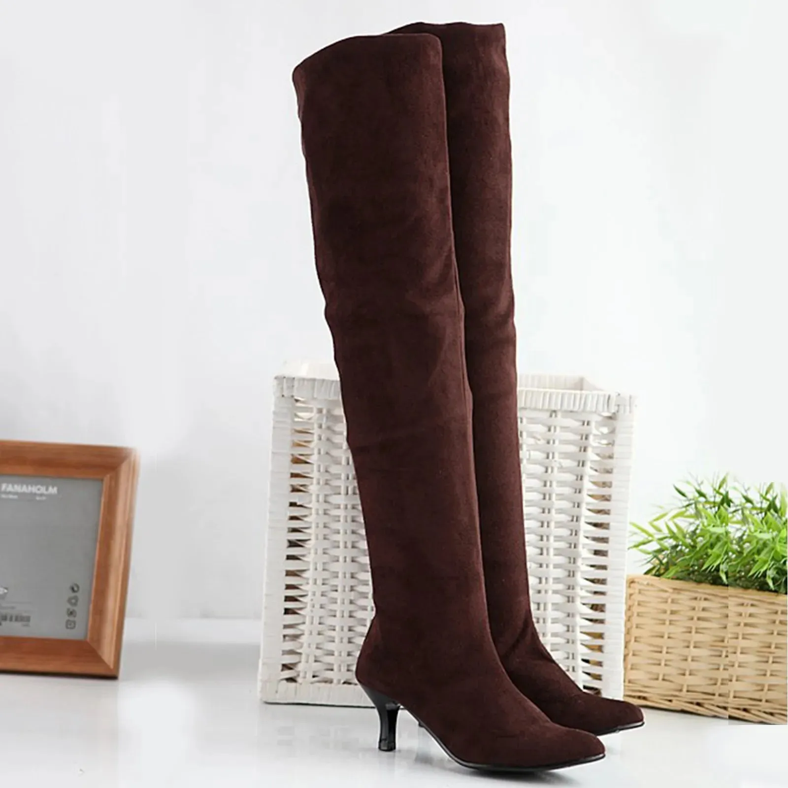 Autumn Winter Over-The-Knee High Heels | Women's Pointed Toe Stretch Leather Boots | Fashionable Slim Brown Boots