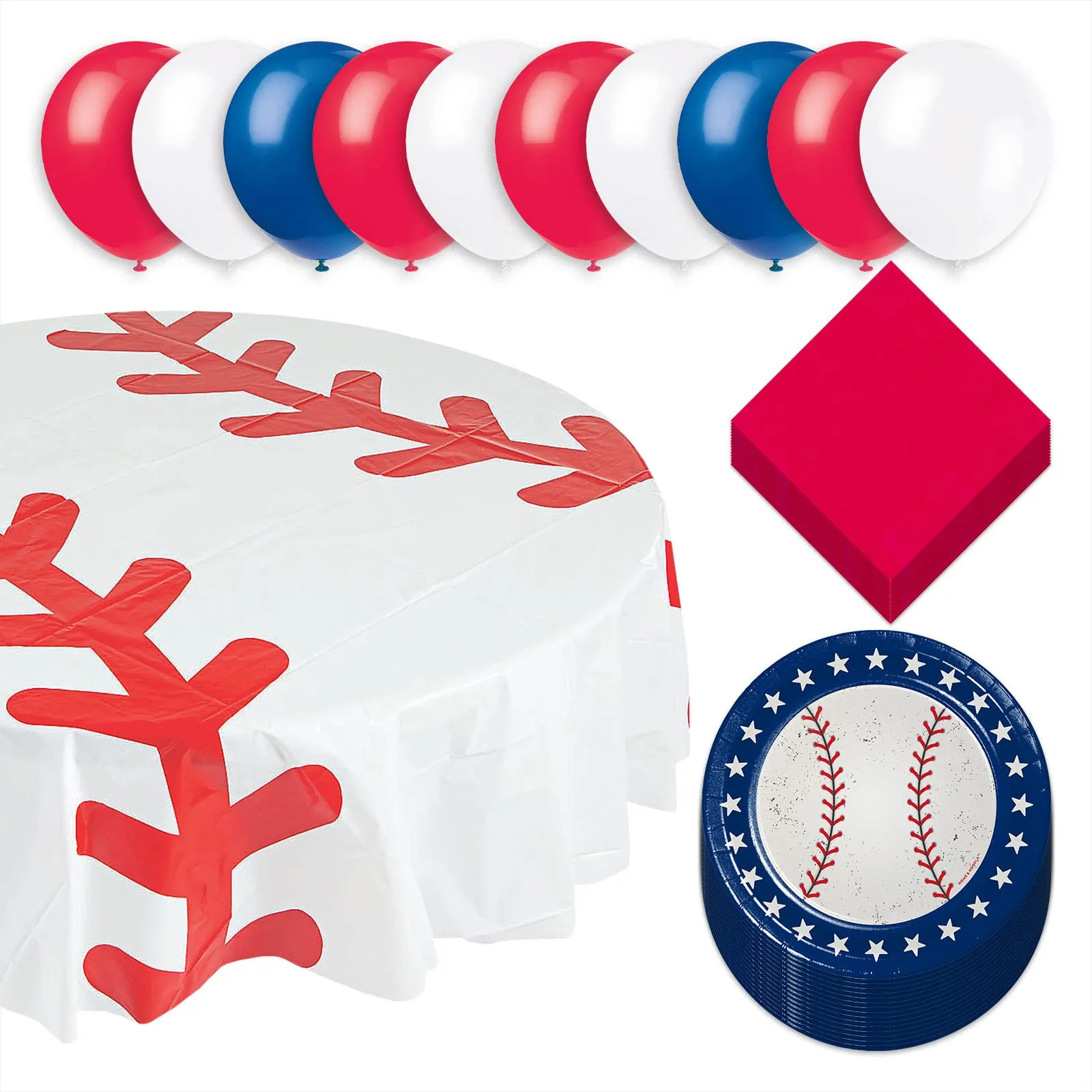 Baseball Party Pack - All Star Baseball Paper Dessert Plates, Beverage Napkins, Round Table Cover, and Balloons Set (Serves 16)