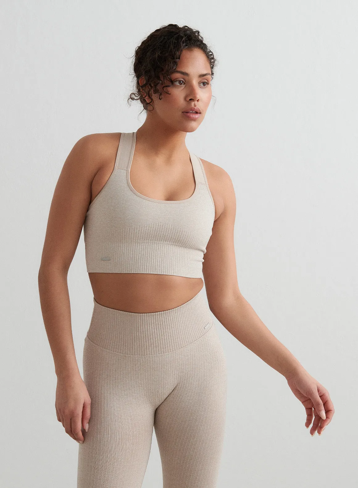 Beige High Support Ribbed Bra