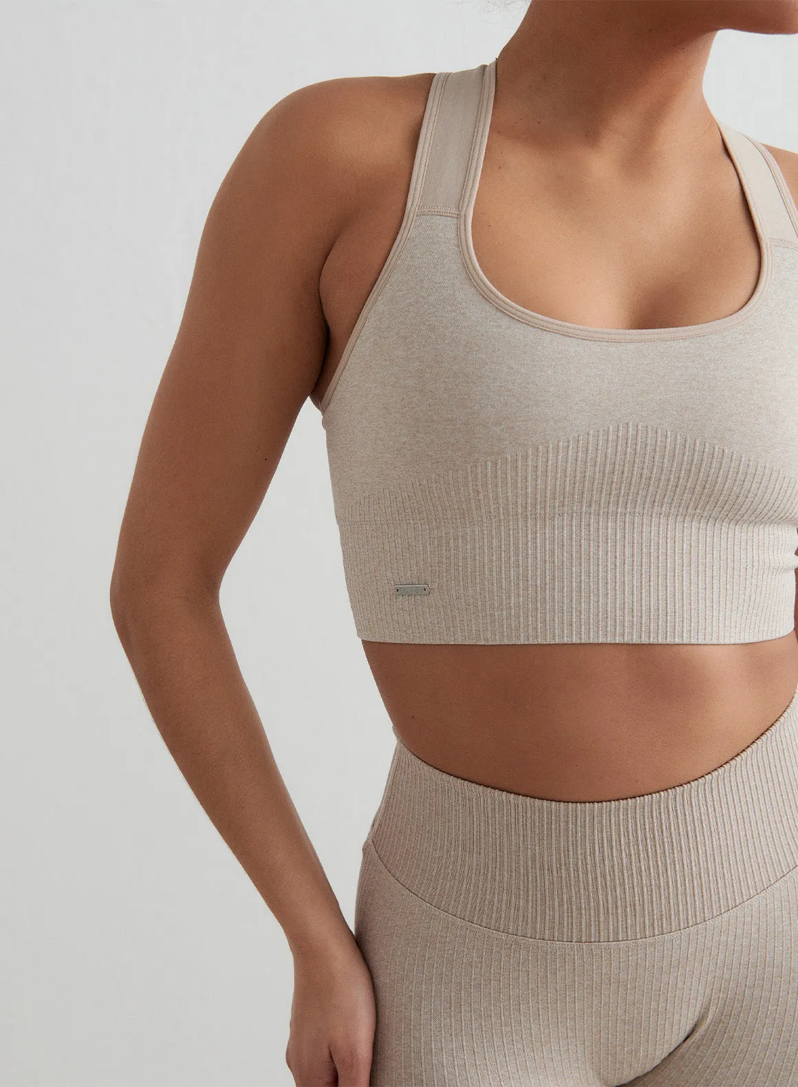 Beige High Support Ribbed Bra