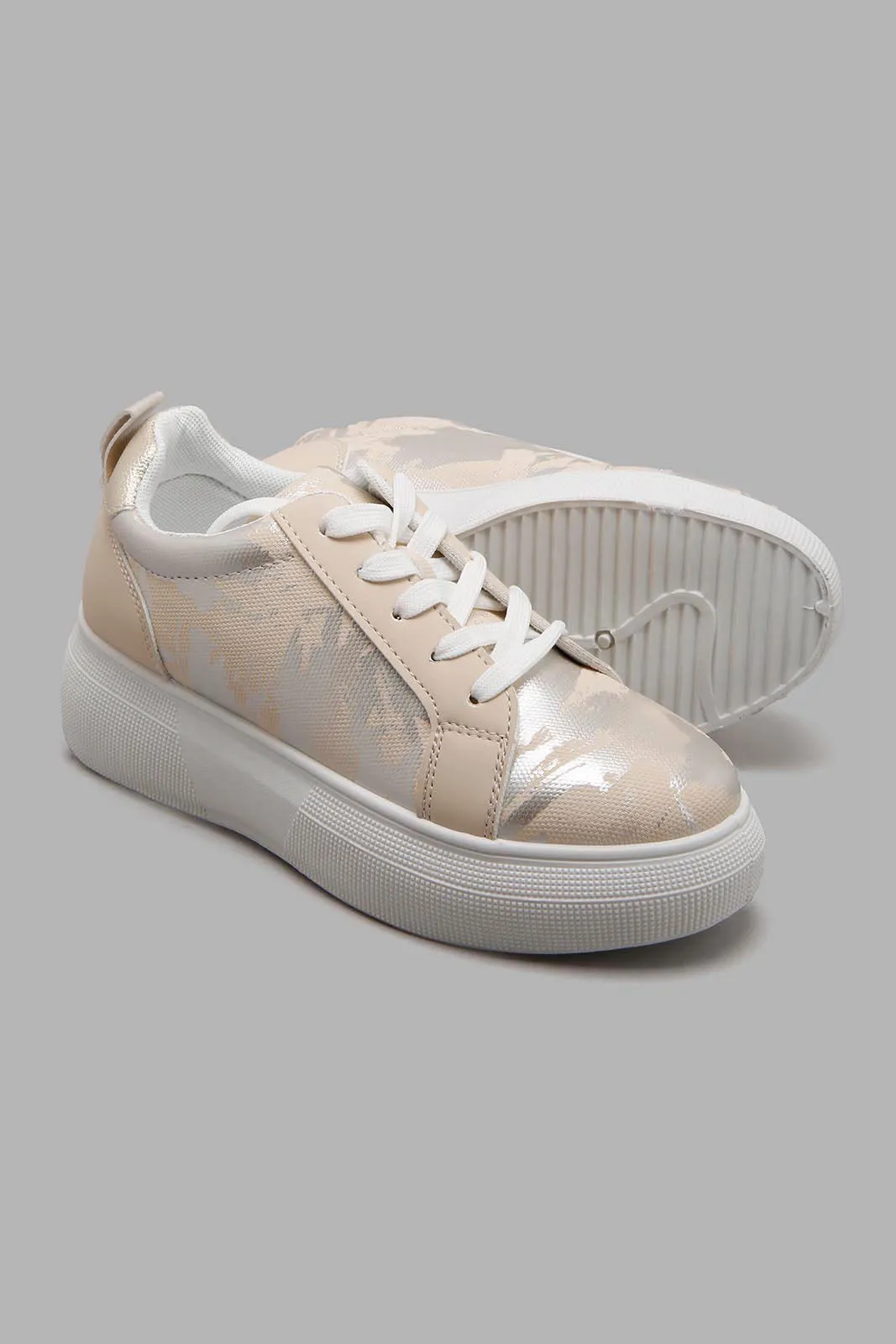 Beige Printed Lace Up Sneaker