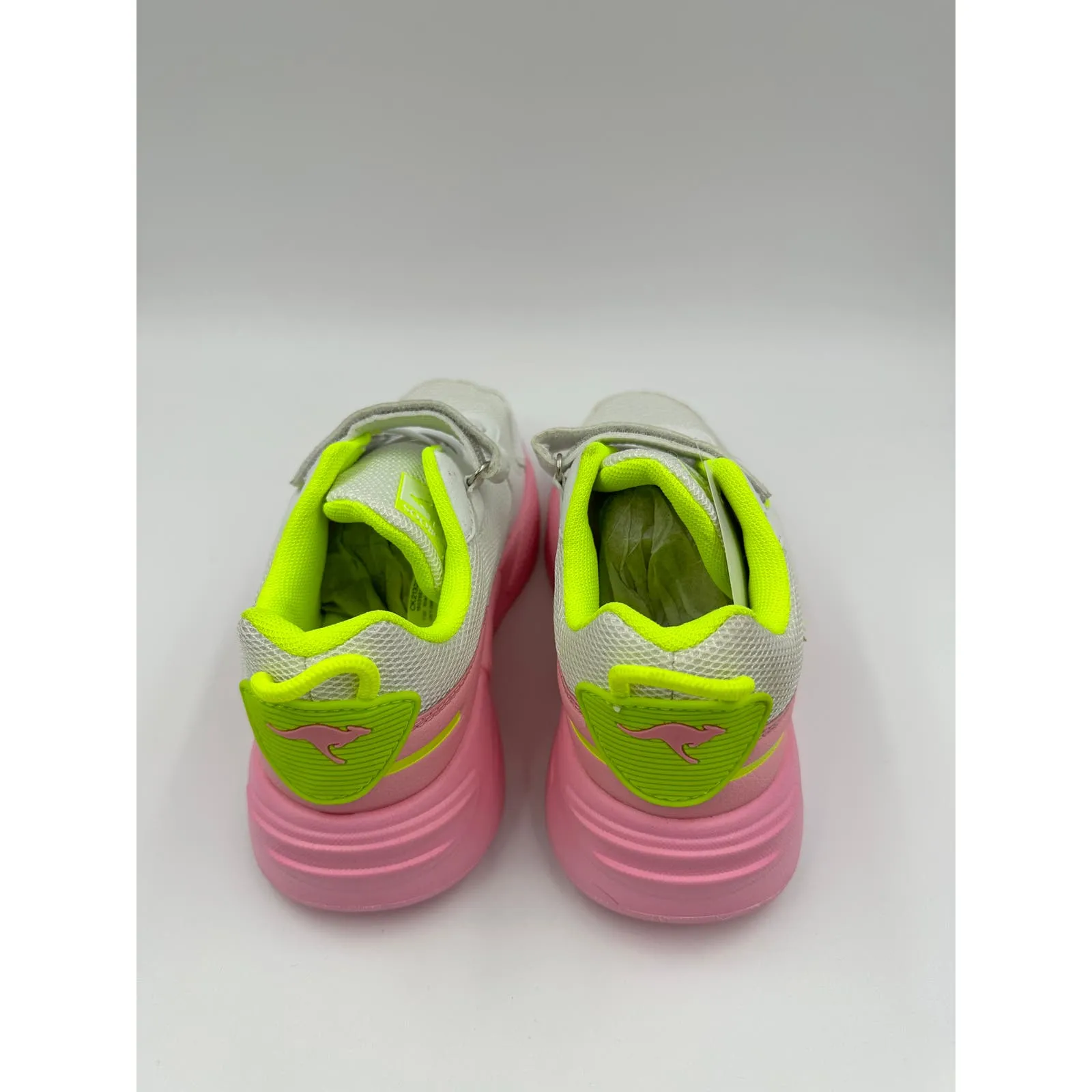 Big Kid Size 3 White Sneakers with Pink Soles, and Yellow Accents, wit Straps