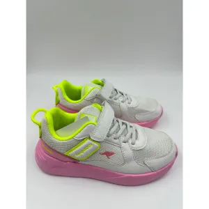 Big Kid Size 3 White Sneakers with Pink Soles, and Yellow Accents, wit Straps