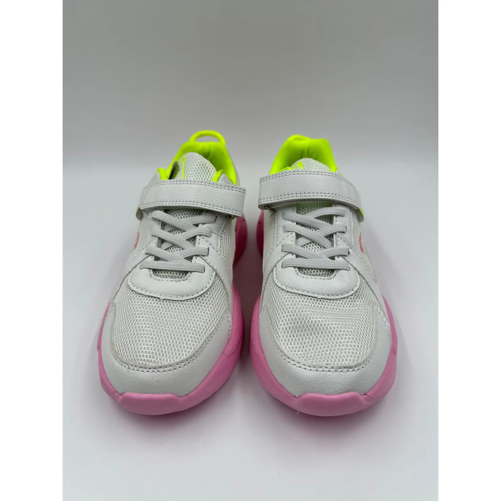 Big Kid Size 3 White Sneakers with Pink Soles, and Yellow Accents, wit Straps