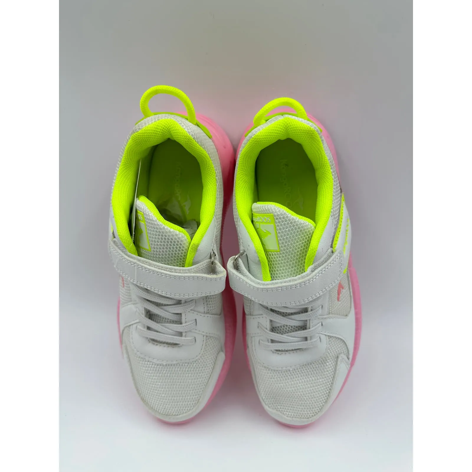 Big Kid Size 3 White Sneakers with Pink Soles, and Yellow Accents, wit Straps