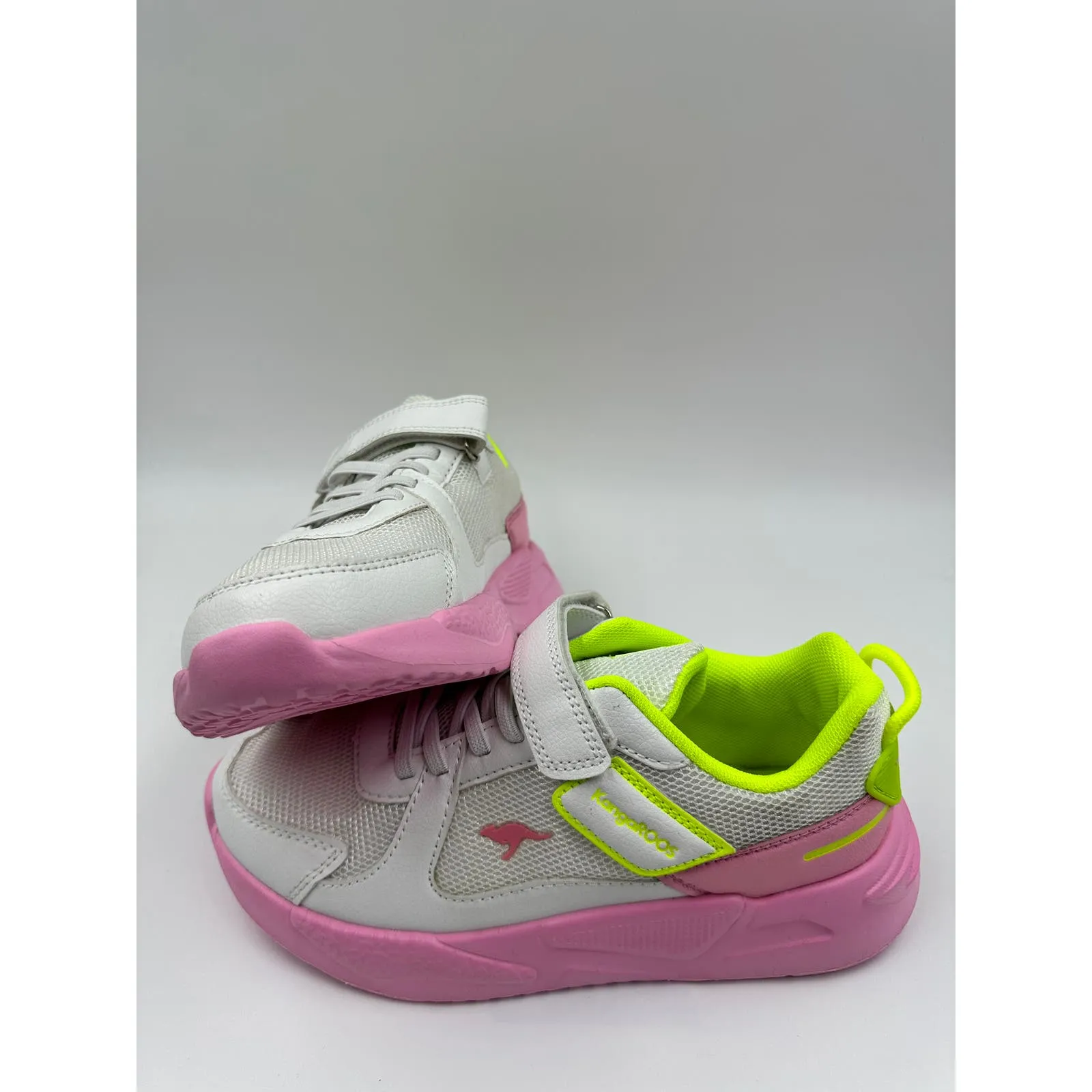 Big Kid Size 3 White Sneakers with Pink Soles, and Yellow Accents, wit Straps