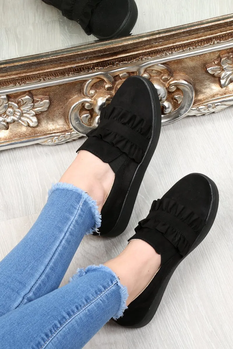 Black Faux Suede Frill Slip On Trainers - Nara