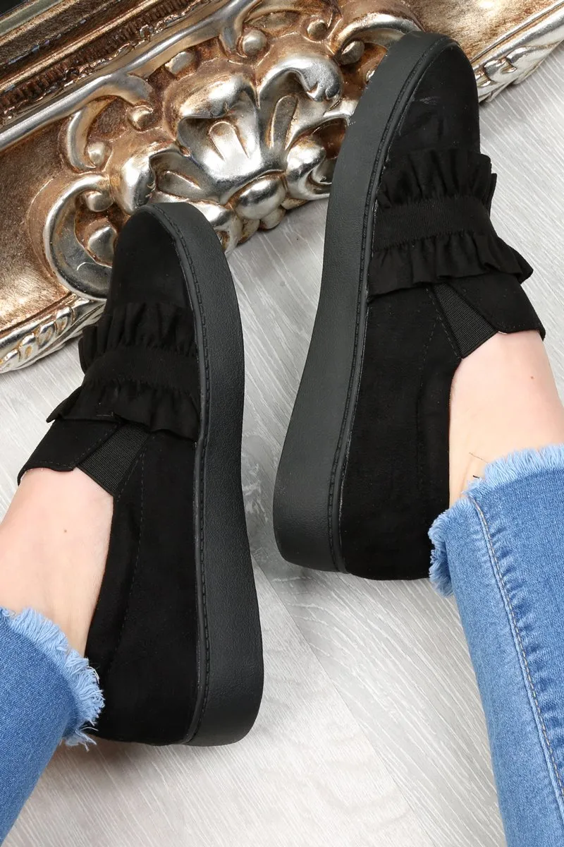 Black Faux Suede Frill Slip On Trainers - Nara