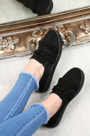 Black Faux Suede Frill Slip On Trainers - Nara