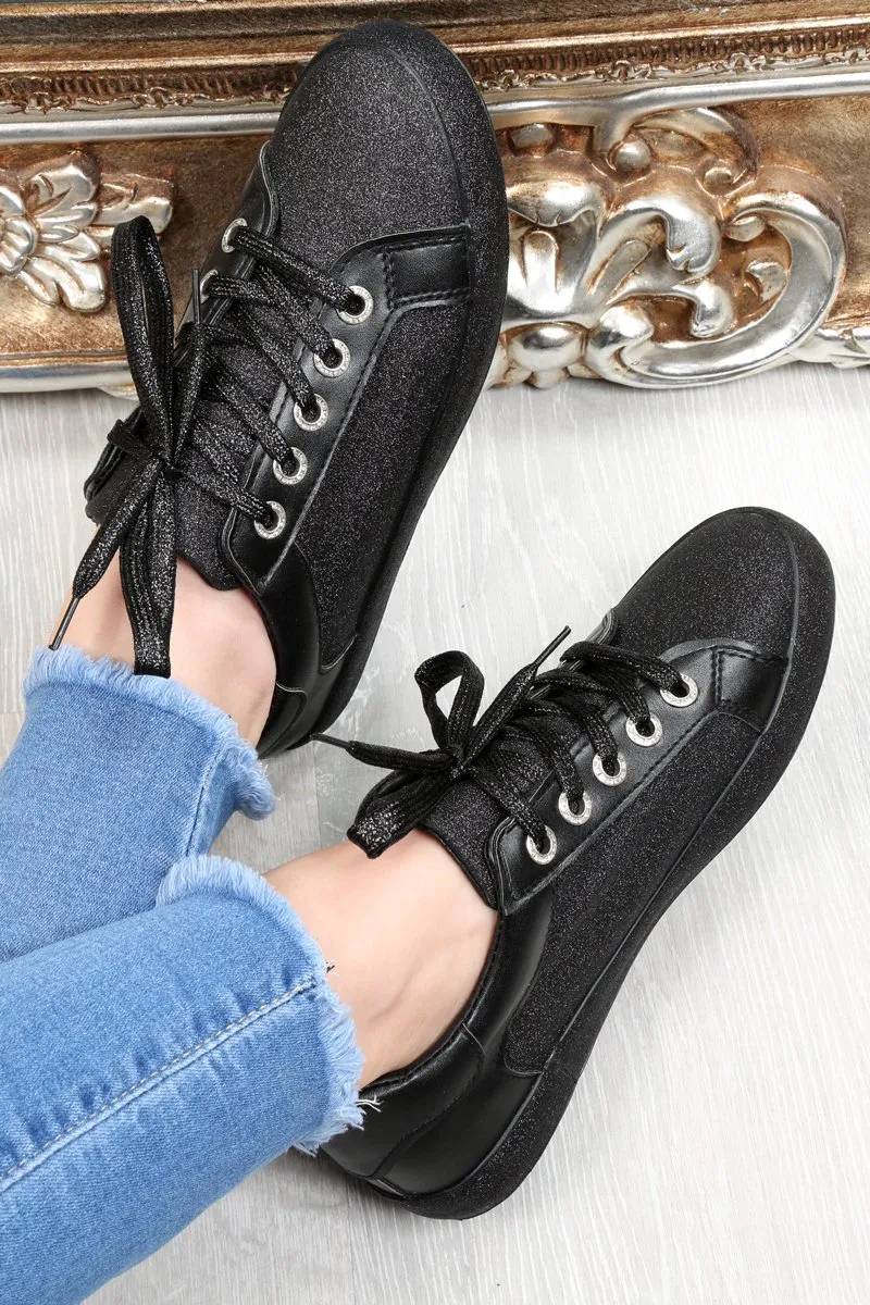 Black Lace Up Glitter Trainers - Siarra