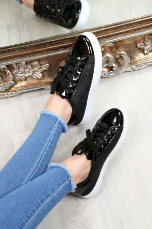 Black Lace Up Glittery Shiny Trainers - Jessie