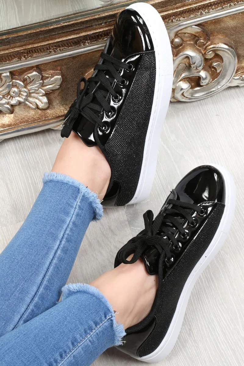 Black Lace Up Glittery Shiny Trainers - Jessie