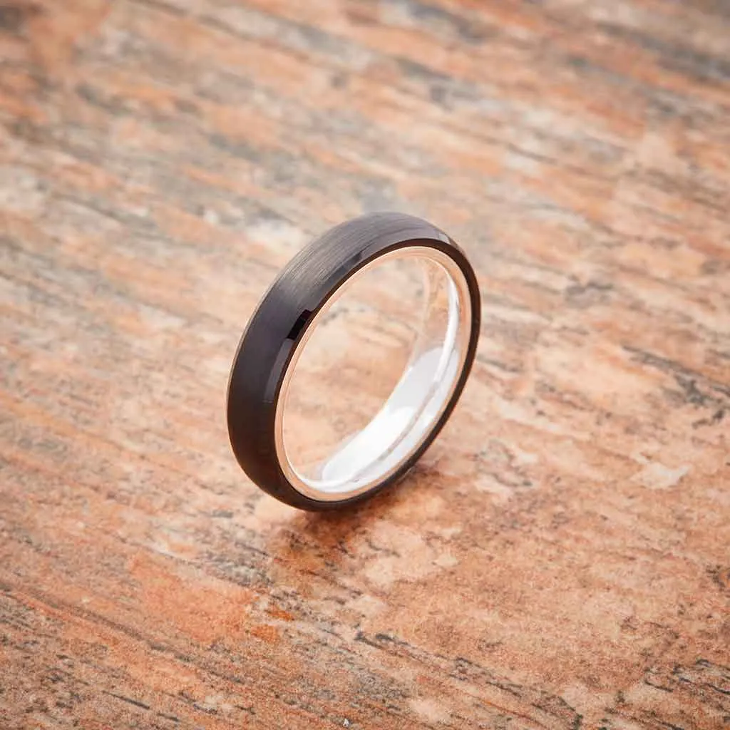 Black Tungsten Ring - Sterling Silver - 4MM