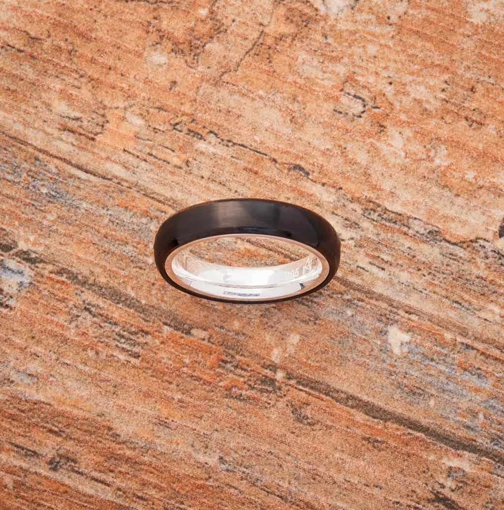 Black Tungsten Ring - Sterling Silver - 4MM