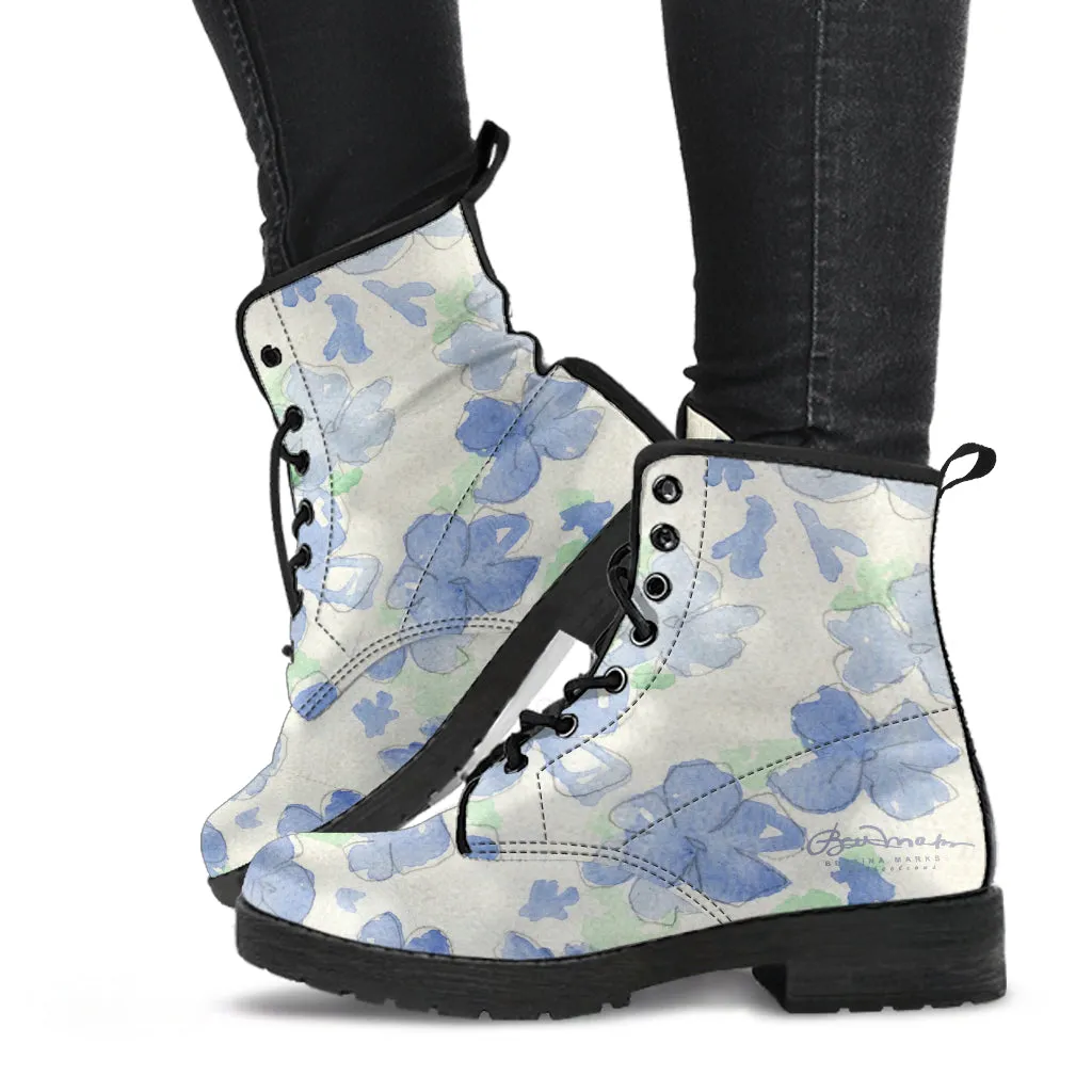 Blu&White Watercolor Floral Leather Boots (Vegan)