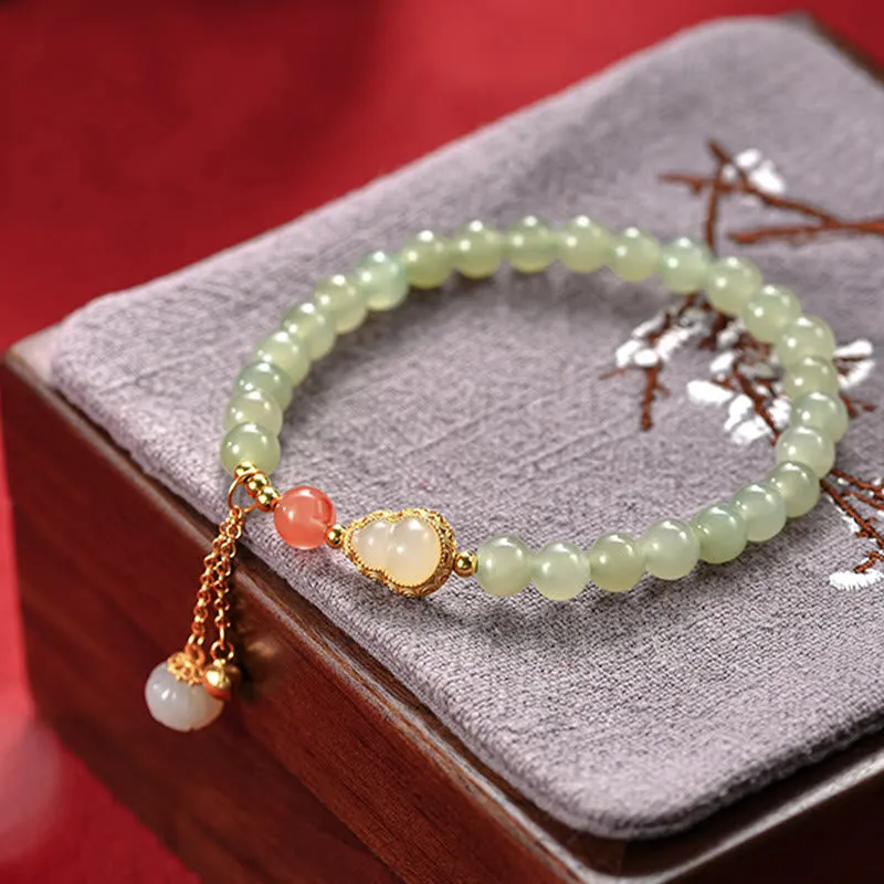 Buddha Stones 925 Sterling Silver Hetian Jade Gourd Lotus Abundance Luck Bracelet