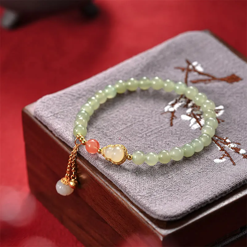 Buddha Stones 925 Sterling Silver Hetian Jade Gourd Lotus Abundance Luck Bracelet