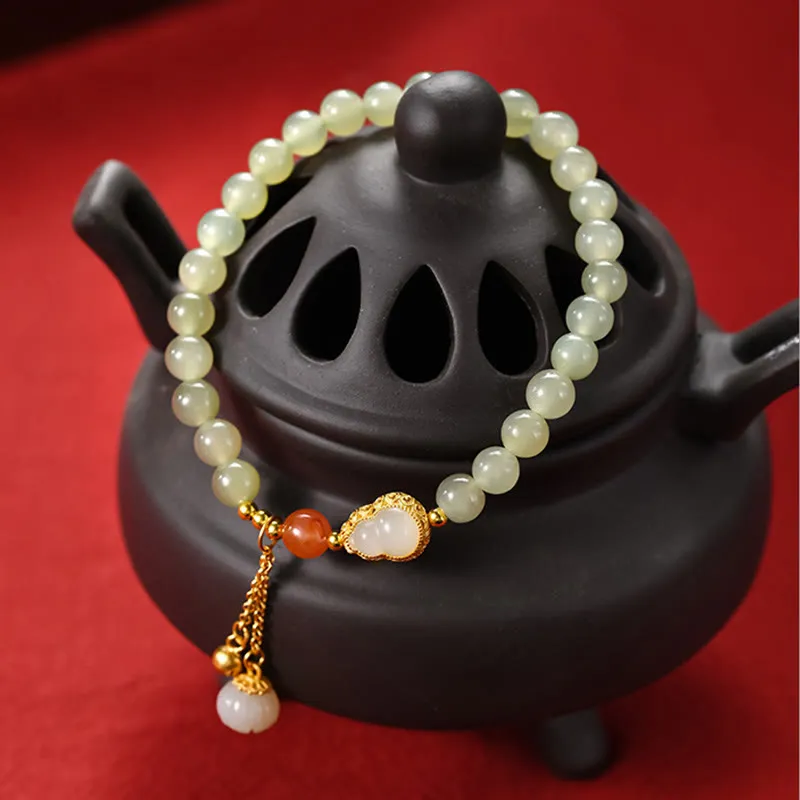 Buddha Stones 925 Sterling Silver Hetian Jade Gourd Lotus Abundance Luck Bracelet