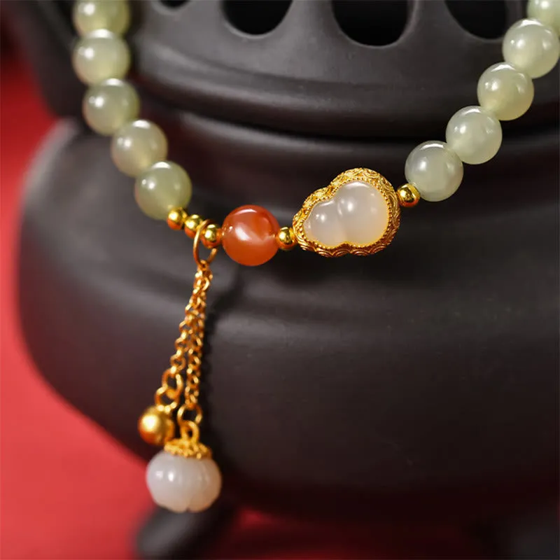 Buddha Stones 925 Sterling Silver Hetian Jade Gourd Lotus Abundance Luck Bracelet