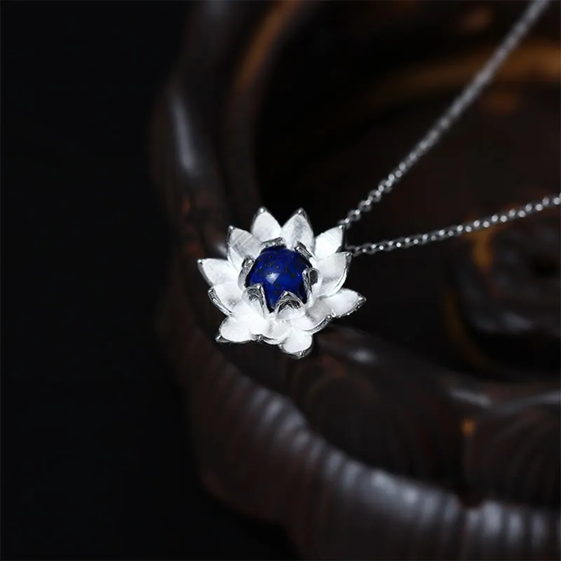 Buddha Stones 925 Sterling Silver Lazurite Lotus Flower Self Care Necklace Pendant