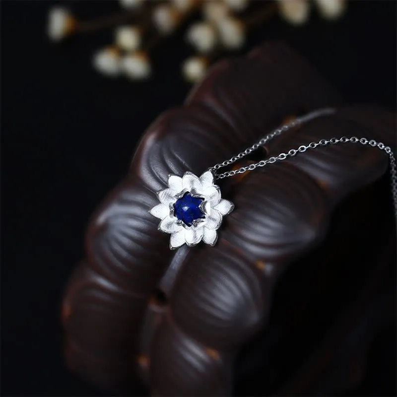 Buddha Stones 925 Sterling Silver Lazurite Lotus Flower Self Care Necklace Pendant