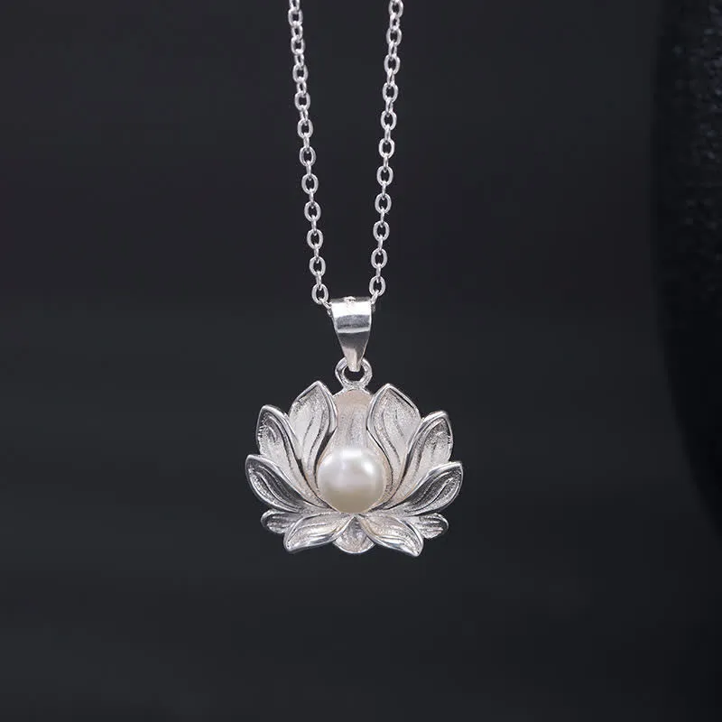 Buddha Stones 925 Sterling Silver Lotus Flower Pearl Wealth Necklace Pendant