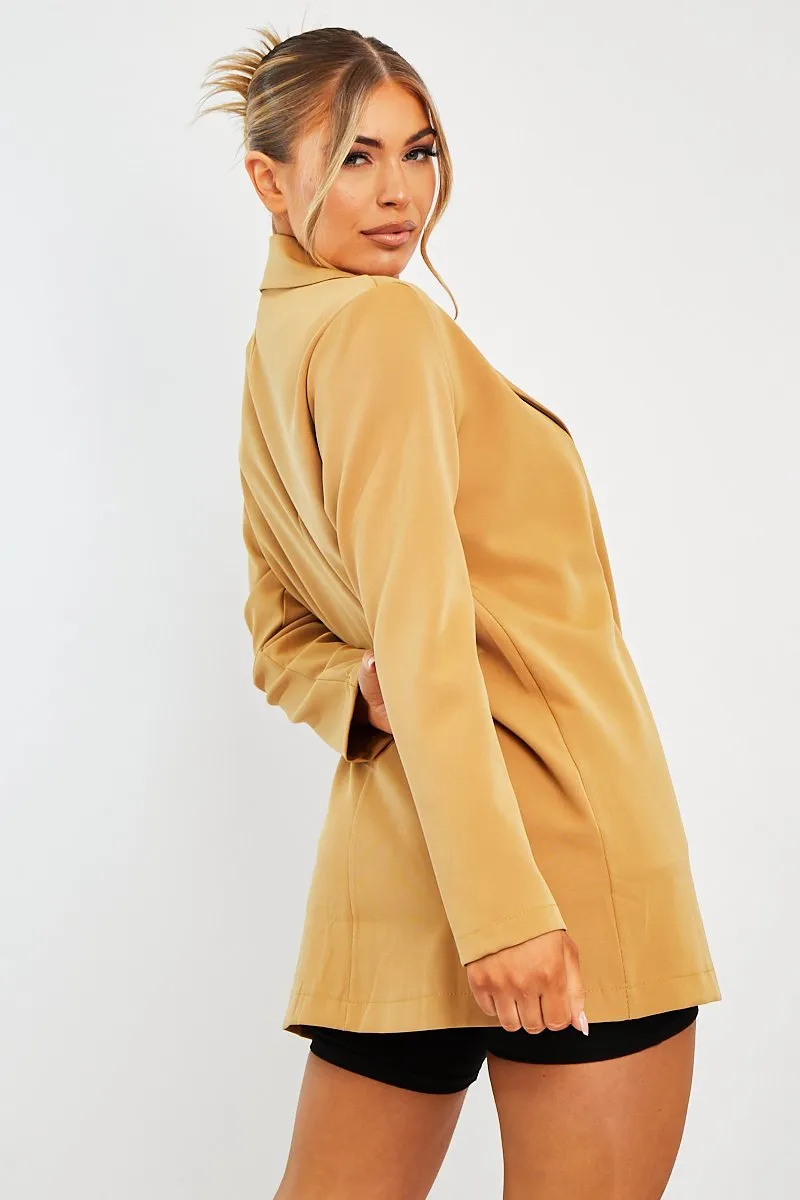 Camel Double Breasted Longline Blazer - Izelle