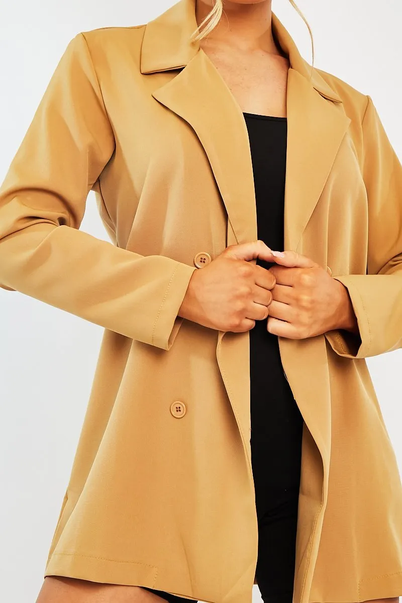 Camel Double Breasted Longline Blazer - Izelle