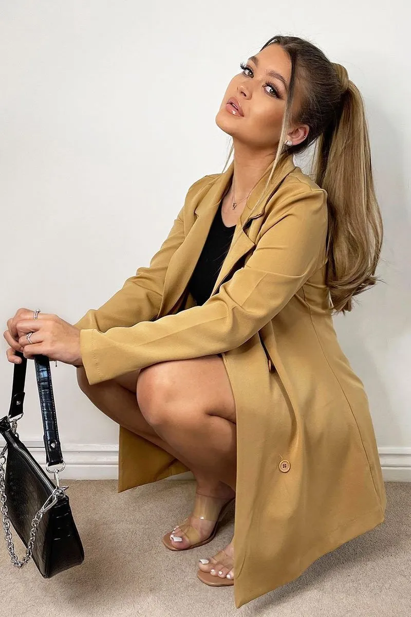 Camel Double Breasted Longline Blazer - Izelle