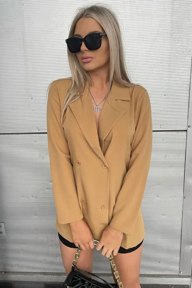 Camel Double Breasted Longline Blazer - Izelle