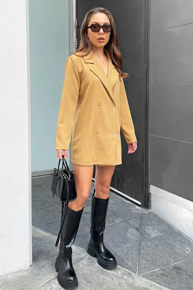 Camel Double Breasted Longline Blazer - Izelle