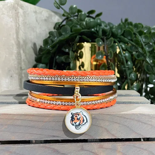 Cincinnati Bengals Tiger Charm Leather Wrap Bracelet