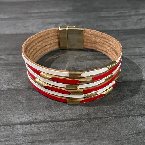 Cincinnati Reds Red & White Striped Leather Wrap Bracelet