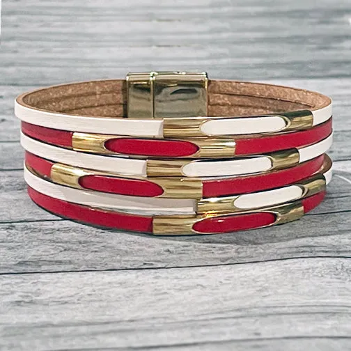 Cincinnati Reds Red & White Striped Leather Wrap Bracelet