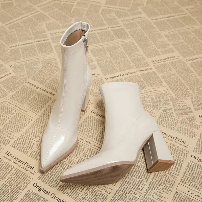 Classic Pointed Toe Thick Heel Women's Side Zip Ankle Boots