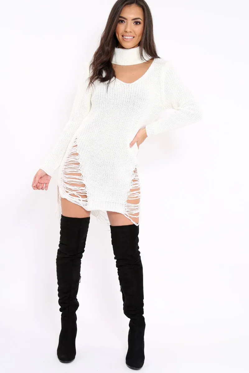 Cream High Neck Cut Out Distressed Jumper Dress - Adalyn