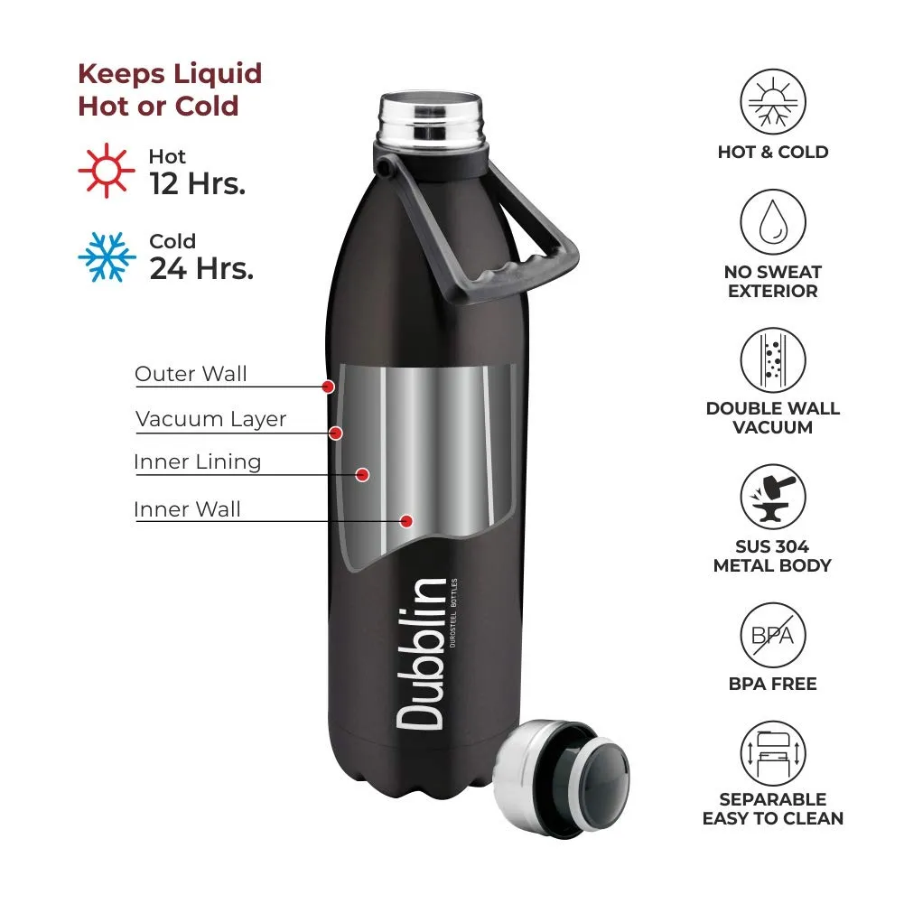 Dubblin Kango Premium Stainless Steel Double Wall Vacuum Insulated BPA Free Water Bottle, Sports Thermos Flask Keeps Hot 12 Hours, Cold 24 Hours (Black,1500 ML)