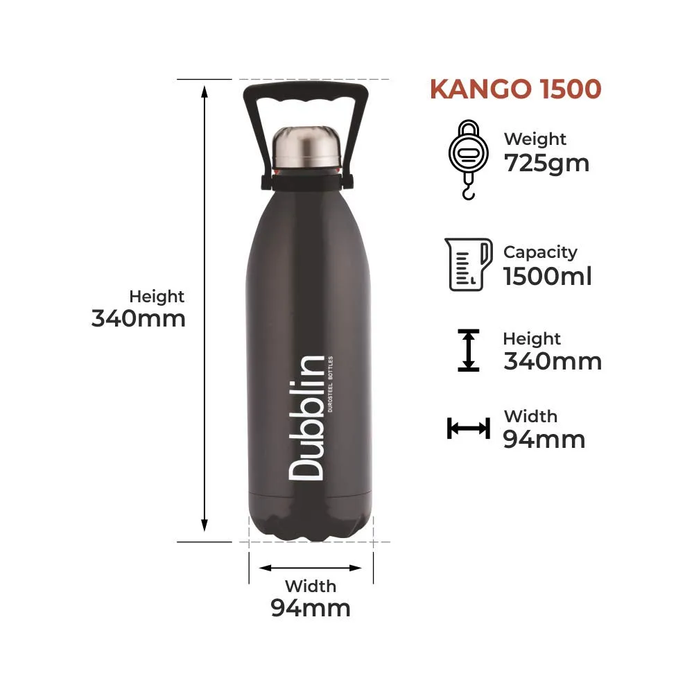 Dubblin Kango Premium Stainless Steel Double Wall Vacuum Insulated BPA Free Water Bottle, Sports Thermos Flask Keeps Hot 12 Hours, Cold 24 Hours (Black,1500 ML)