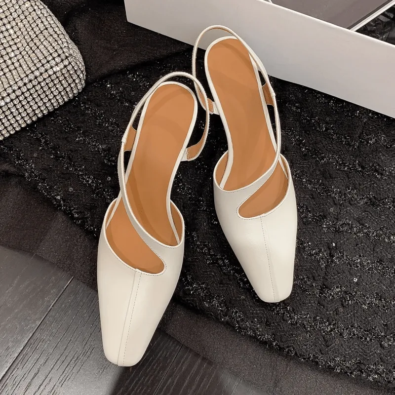 Genuine Leather 75mmSlingback Stiletto Pumps Square Toe in Apricot/Beige/Red