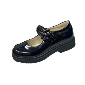 Girls Black Patent Flower Strap Shoe