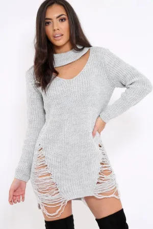 Grey High Neck Cut Out Distressed Jumper Dress - Adalyn