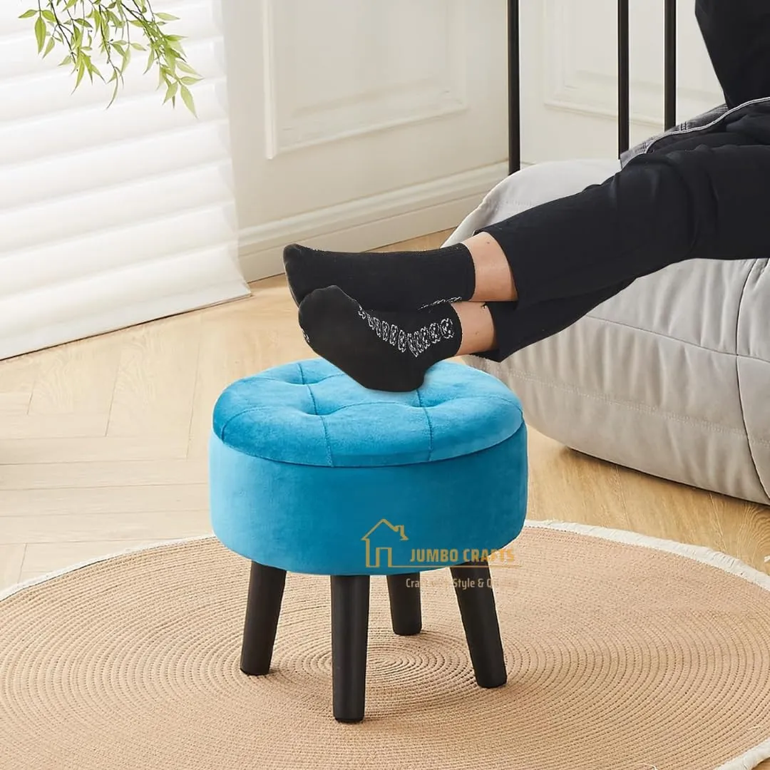 JUMBO CRAFTS Storage Ottoman Footstool Round Footrest Soft Padded Foot Stool with Solid Wood Legs | Accent Side Table Step Stool Extra Seating for Hallway Living Room Bedroom Entryway - Blue