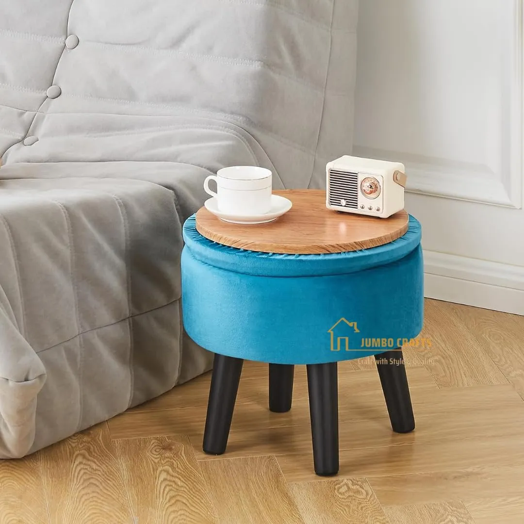 JUMBO CRAFTS Storage Ottoman Footstool Round Footrest Soft Padded Foot Stool with Solid Wood Legs | Accent Side Table Step Stool Extra Seating for Hallway Living Room Bedroom Entryway - Blue