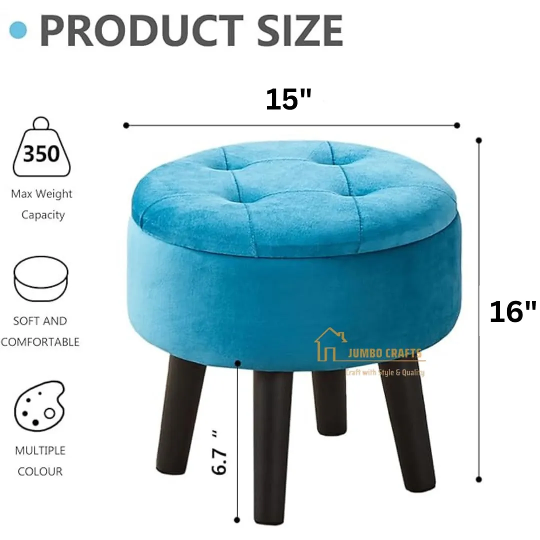 JUMBO CRAFTS Storage Ottoman Footstool Round Footrest Soft Padded Foot Stool with Solid Wood Legs | Accent Side Table Step Stool Extra Seating for Hallway Living Room Bedroom Entryway - Blue