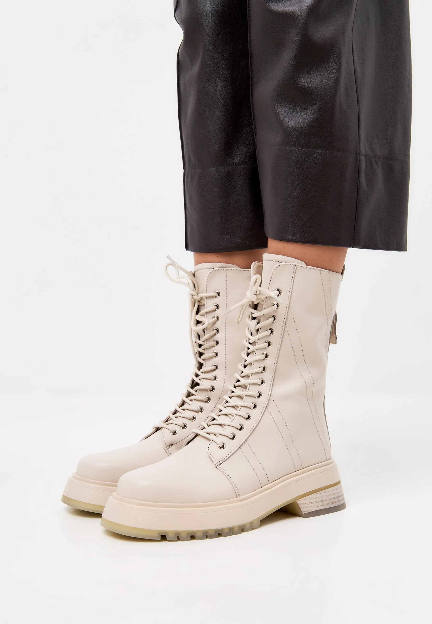 Leather Lace-up Ankle Boots - Beige