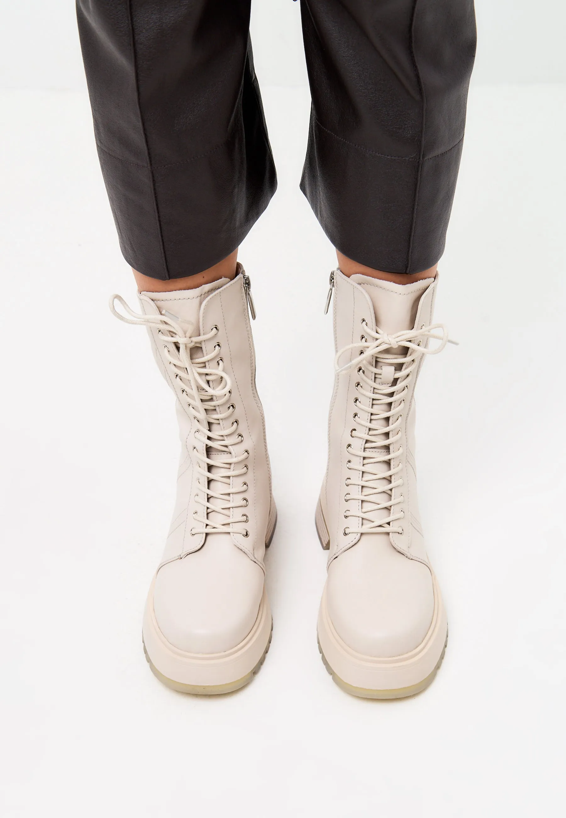 Leather Lace-up Ankle Boots - Beige