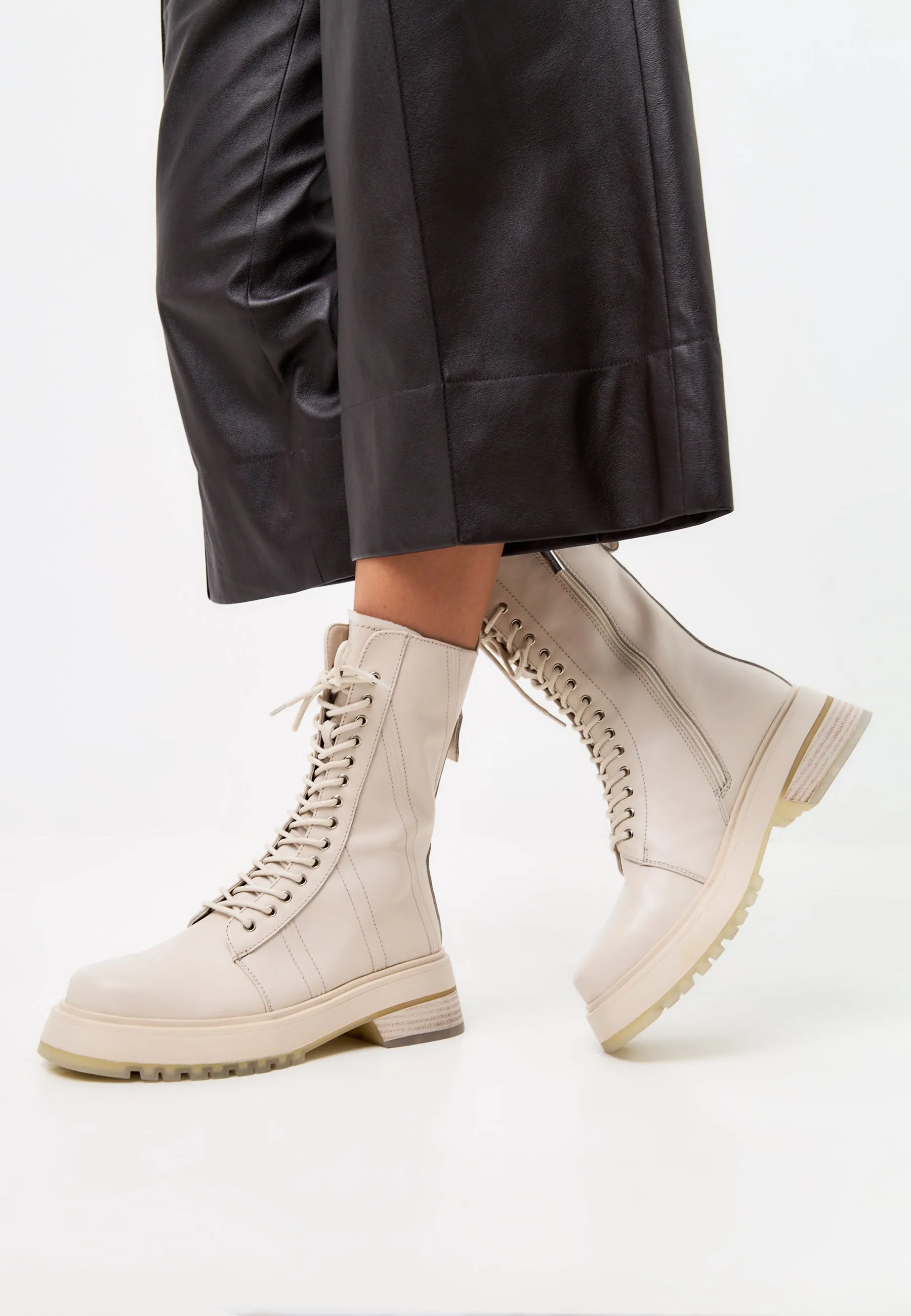 Leather Lace-up Ankle Boots - Beige