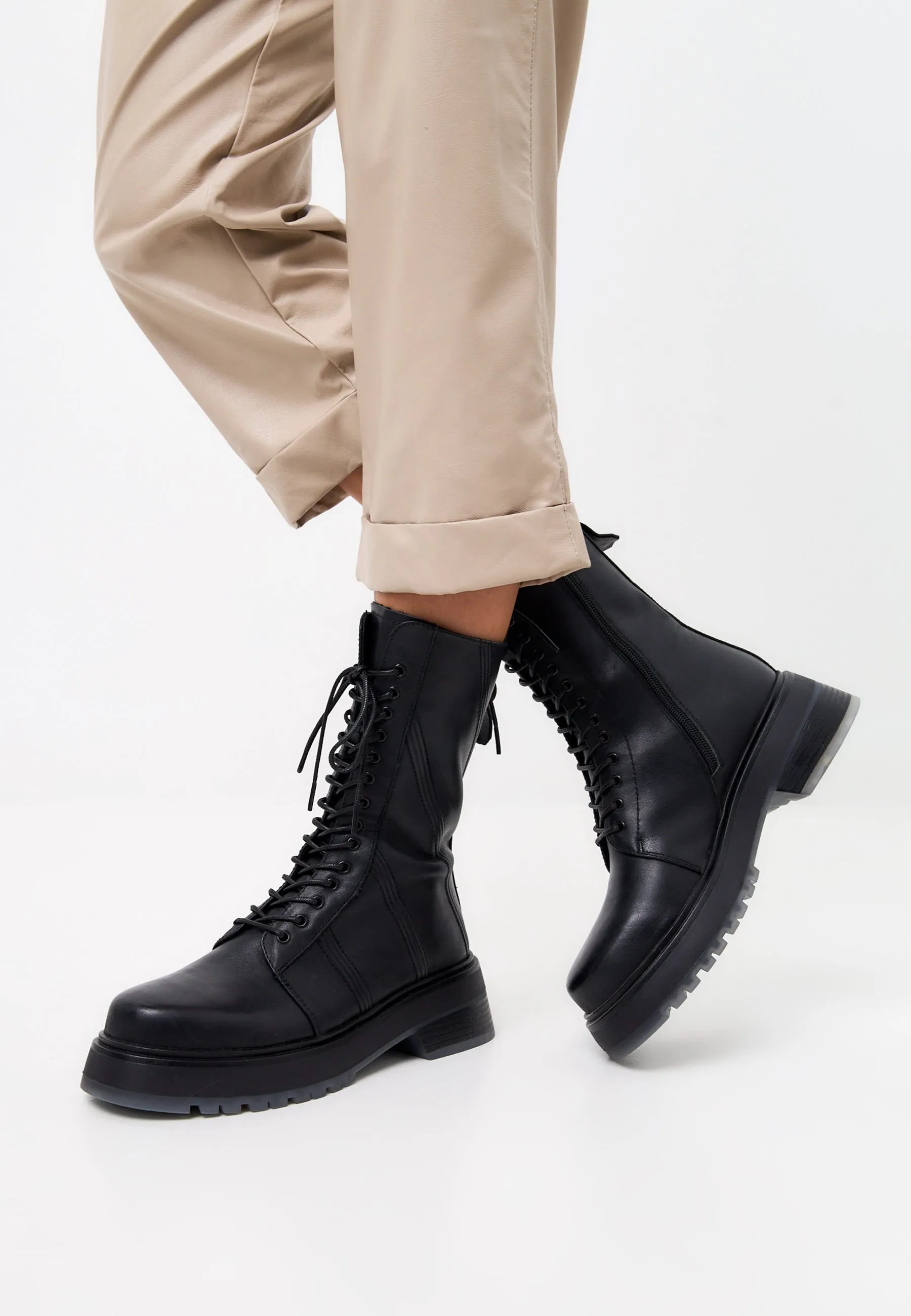 Leather Lace-up Ankle Boots - Black