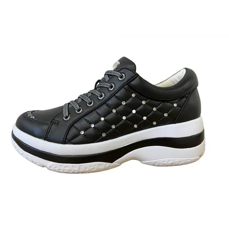 Lightweight and Cushioning Volume-Sole Crystal-Embellished Sheepskin Lace-Up Sneakers #FJ107