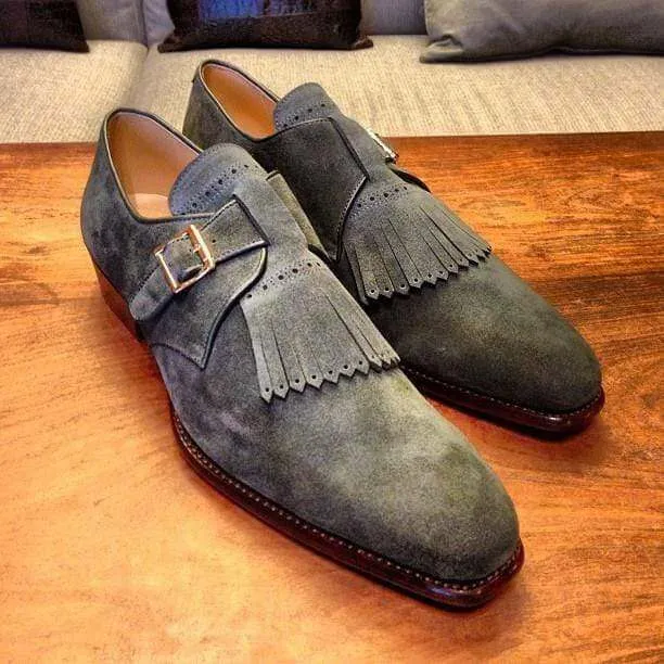 Men's Gray Monk Buckle Fringe Suede Shoe